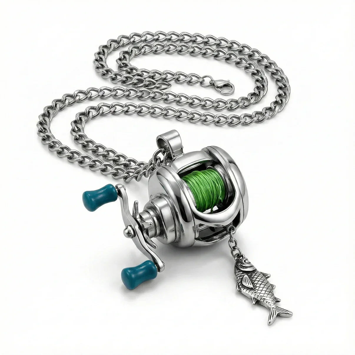 Fishing Reel Pendant Necklace | Sterling Silver & Stainless Steel