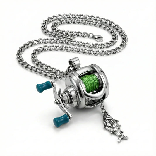 Fishing Reel Pendant Necklace | Sterling Silver & Stainless Steel