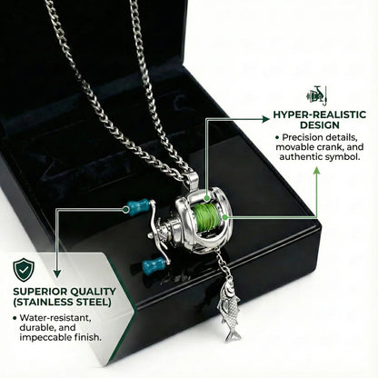 Fishing Reel Pendant Necklace | Sterling Silver & Stainless Steel