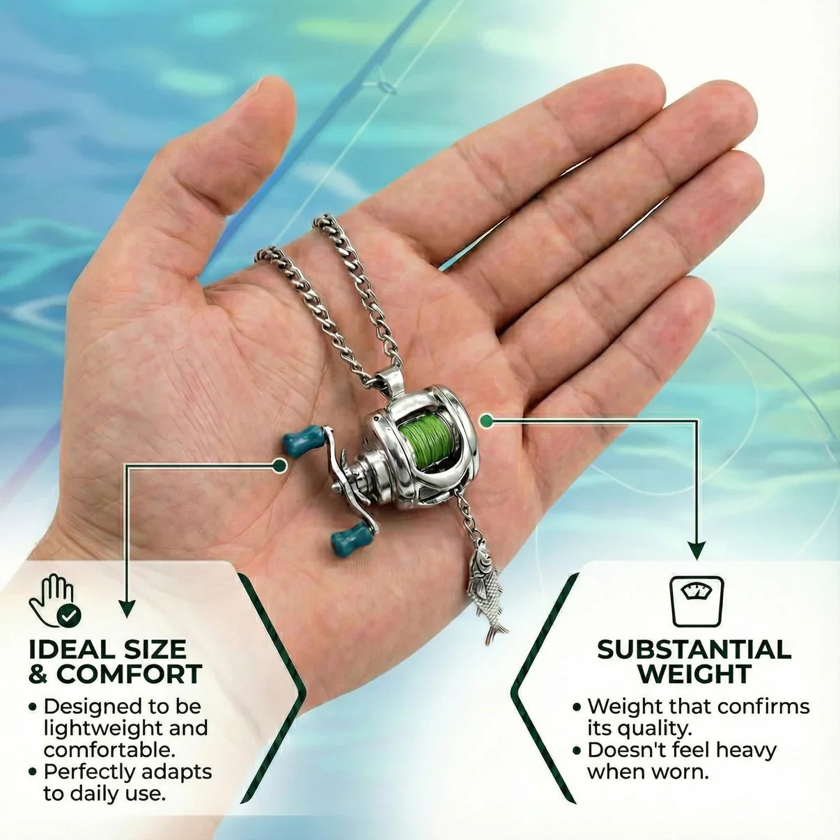 Fishing Reel Pendant Necklace | Sterling Silver & Stainless Steel